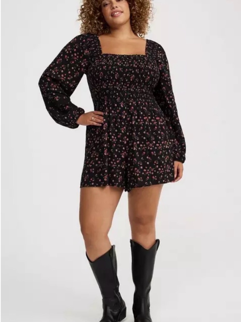 torrid Black Floral Smocked Long-Sleeve Romper